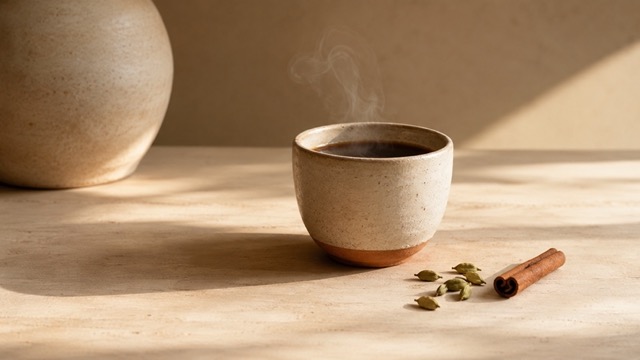 Tasse de café fumante en céramique sur une table claire, accompagnée de cardamome et d’un bâton de cannelle, dans la lumière douce du matin. – Moyenne Ayurveda en été