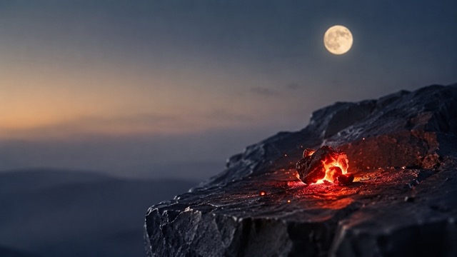 Braise rougeoyante posee sur une pierre sombre et anguleuse pleine lune pale floue en arriere plan Moyenne