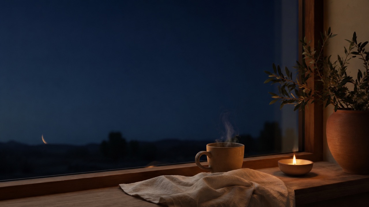 Fenêtre la nuit avec un fin croissant de lune dans un ciel bleu profond, tasse fumante et bougie sur un rebord en bois clair à l'intérieur